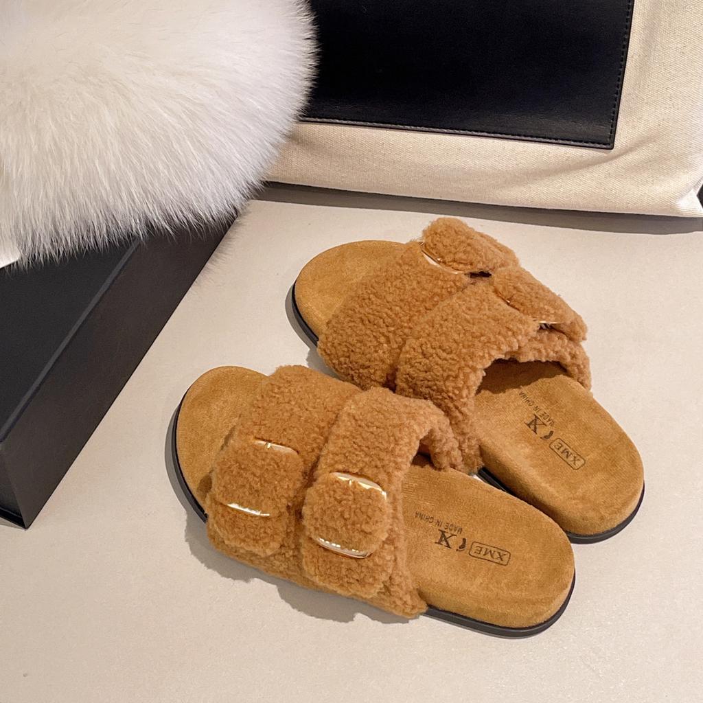 Thick-soled French Simple Open-toed Fluffy Slippers, New Women's Shoes In Autumn and Winter 2025, Wearing Versatile Cotton Slippers for Women