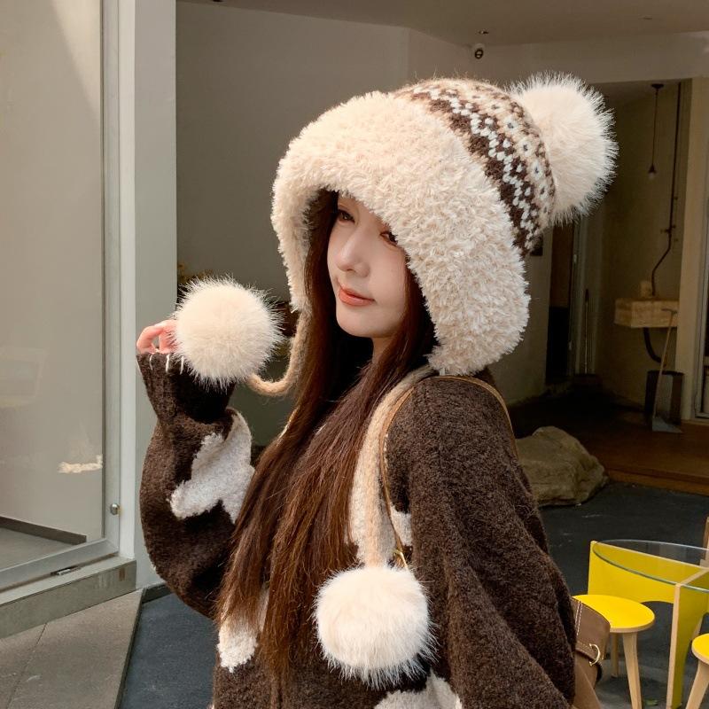 Autumn and winter new Fair Island knitted hat fashionable big head circumference fleece ear protector wool hat casual face small pullover hat