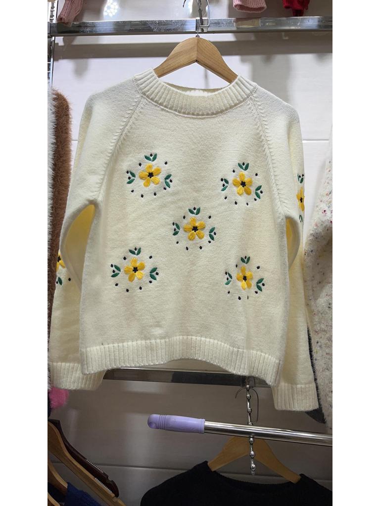 Autumn/Winter Yellow Floral 3D Embroidered Pullover Sweater - Women’s Lazy Style Knitwear