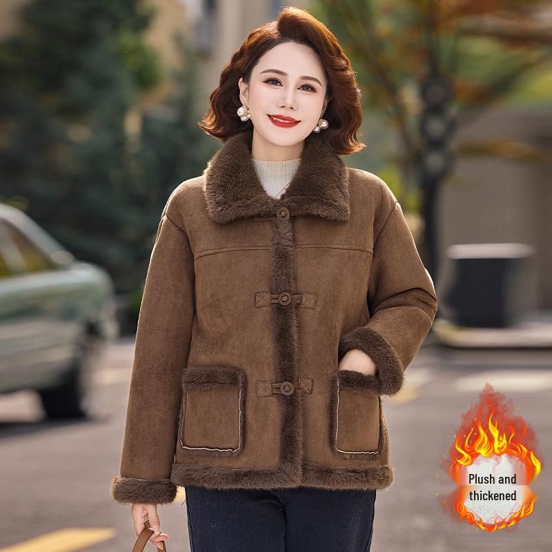 Mature Women's Fur-Lined Lapel Coat, Ages 40-60, Plus Velvet Warm Short Slimming Style