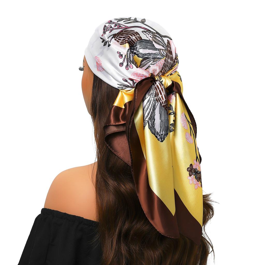 new 90*90cm Vintage Flowers Square Scarf Women Silk Shawl Neckerchief Female Print Headband Head Wraps Foulard Hijab Hair Bands
