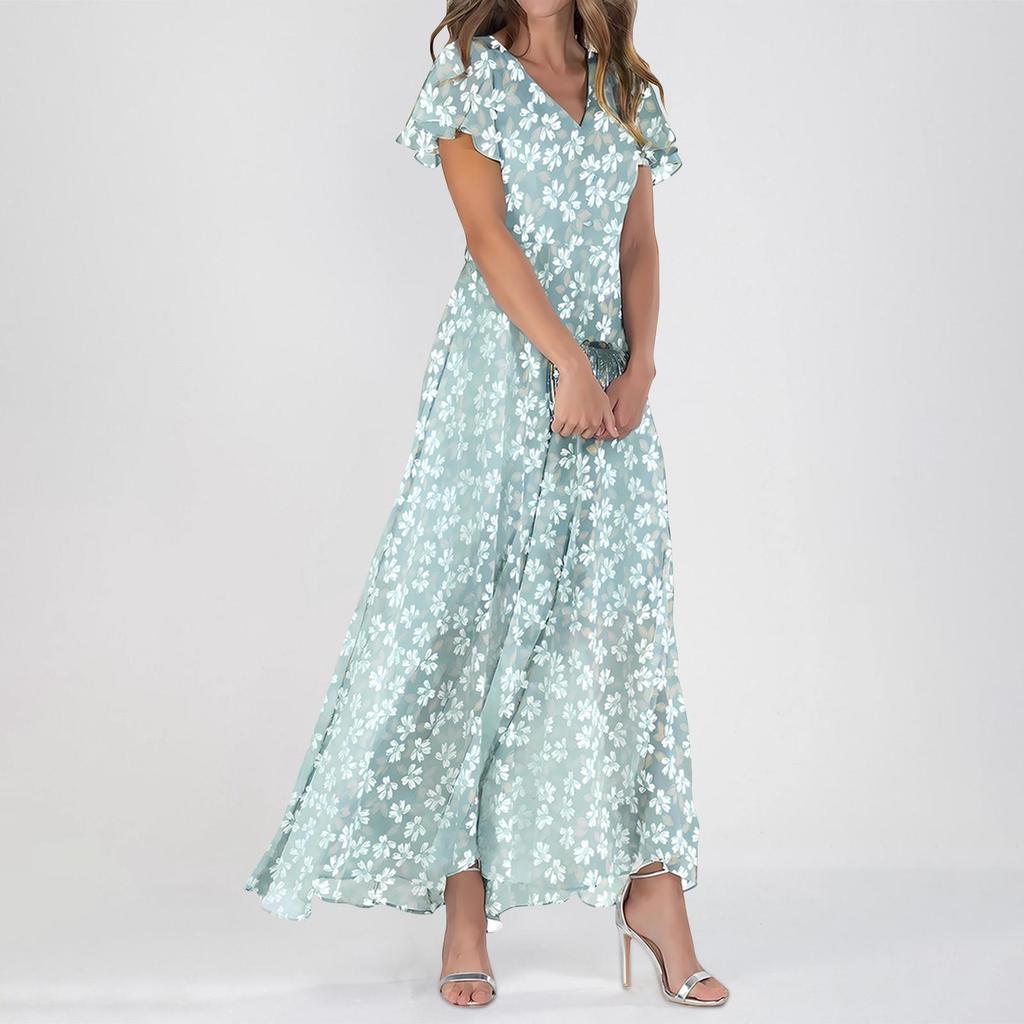 Robes d'été décontractées à manches courtes pour femme - Robes longues à fleurs mignonnes - Robes d'invitées de mariage - Robes fluides en mousseline de soie