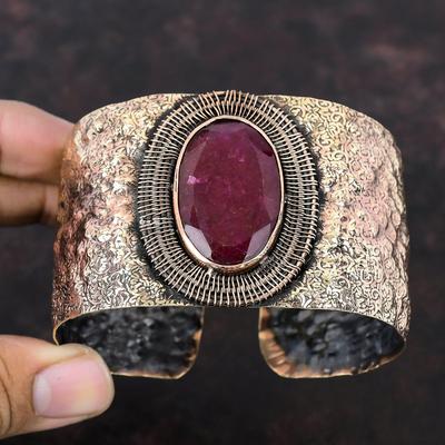 Faceted Kashmir Ruby Bangle Gemstone Cuff Bracelet Copper Wire Wrapped Adjustable Bangle Handmade Bangle Copper Wire Jewelry Gifts For Women