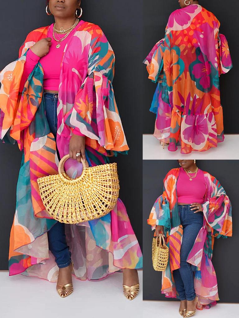 Elegant Women's Plus Size Fashion Coat with Irregular Hem and Lantern Sleeves