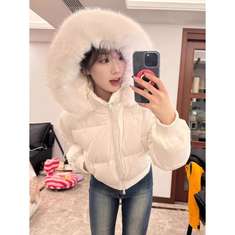 2026 New Standard 90 White Duck Down Puffer Jacket Women Short Slim Fit Knee Length Small Size With Fur Collar