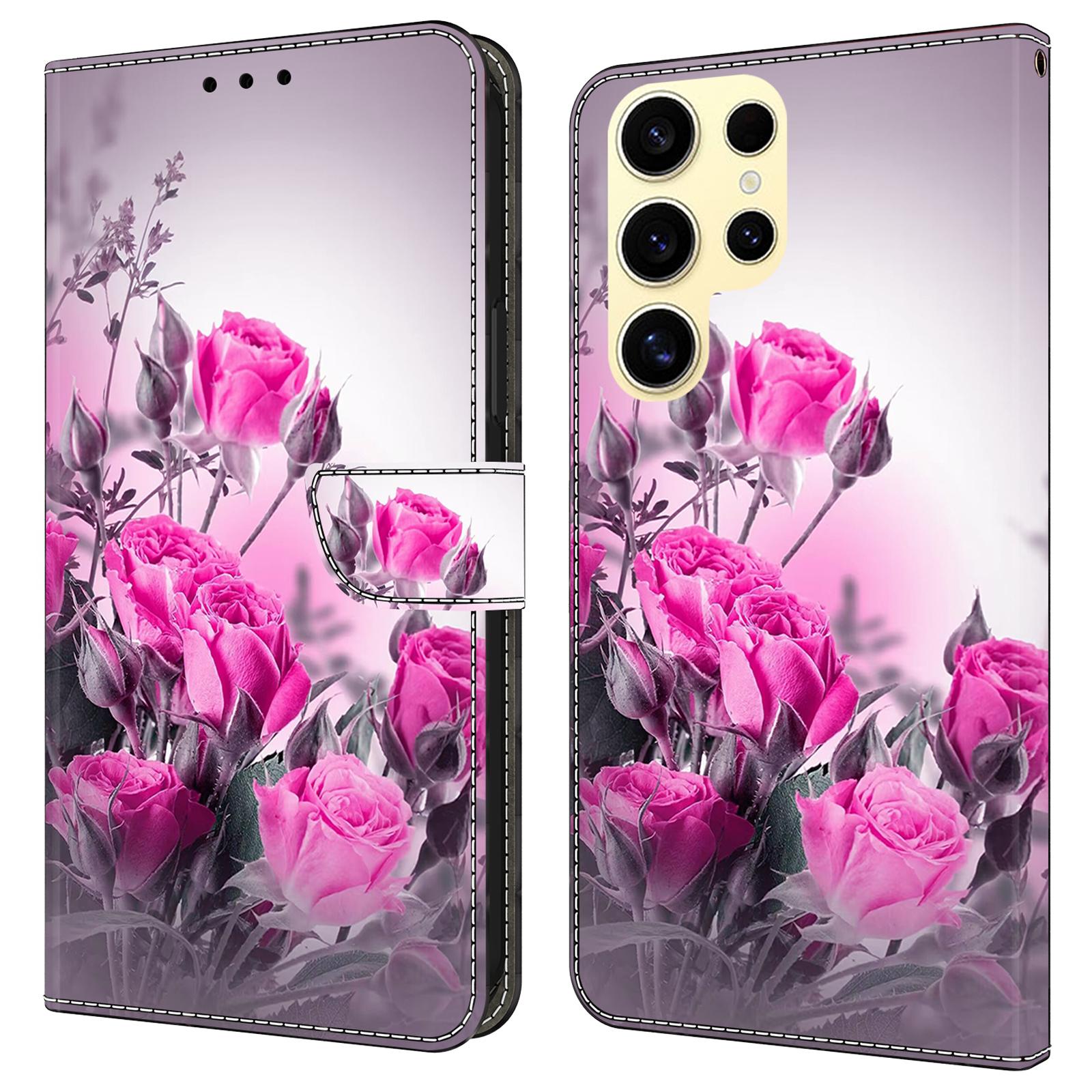 

For Samsung Galaxy S25 Ultra Case Wallet Stand Pattern Printing PU Leather Flip Phone Cover Purple Flowers