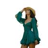 Spot European and American spring and summer sexy v-neck vacation dress hollow long sleeve strap halter skirt women's clothing