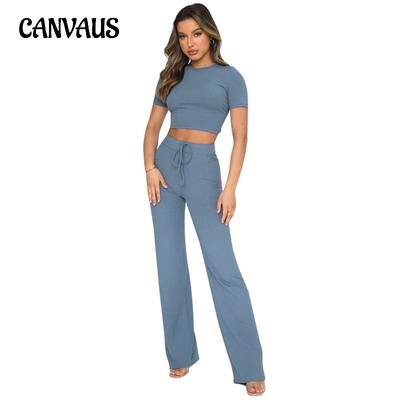 Moda Casual Terno Feminino Cor Sólida Alta Elástica Modelagem Manga Curta Pit Stripe Calças Perna Larga Terno