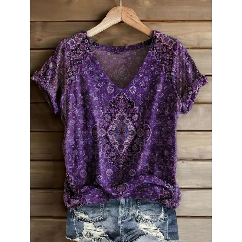 

Women s Vintage Stylish Casual V Neck Short Sleeve T-Shirt Floral Plants Graphic Print Regular Tops Daily Wear for Spring Summer S