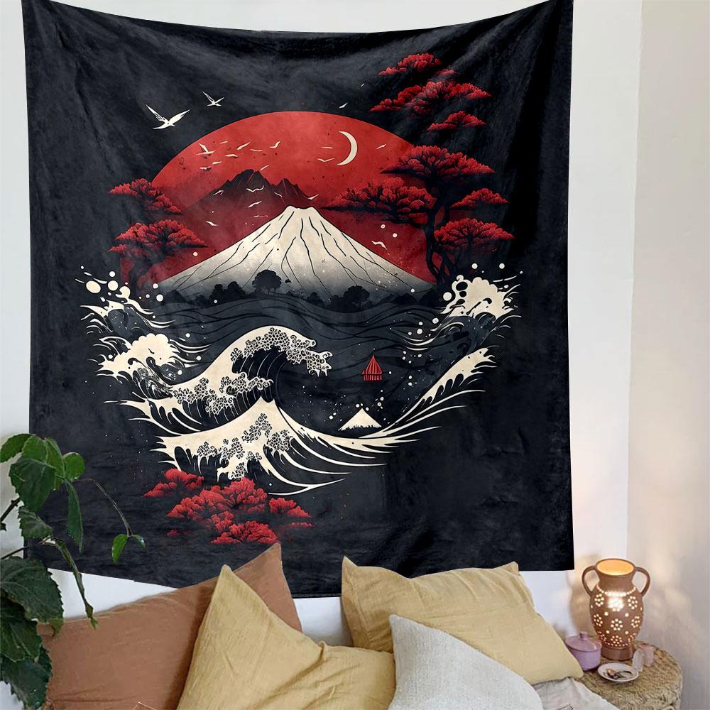 "Red Moon with Waves and Mountain Scene" Patterned Tapestry Decorative Wall Hanging, Home Bedroom Living Room Decor