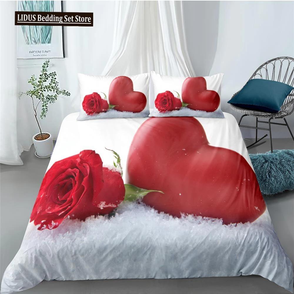 Rose Duvet Cover Collection Red And White Rose Bedding Collection For Lover Couple Polyester Comforter Cover ValentineS Day Gift King Size