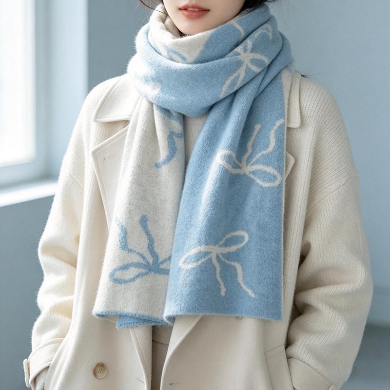 INS girly bow jacquard scarf wool blended double-sided contrasting scarf autumn and winter atmosphere temperament scarf