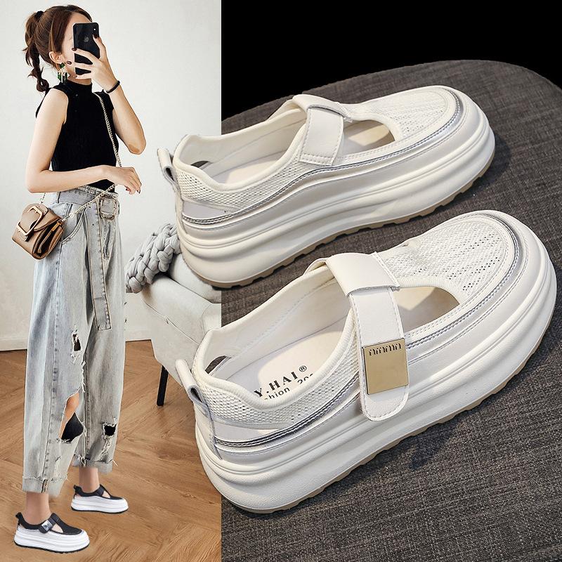 Fashion Women's Sandals Summer New Thick Bottom Anti-slip Net Cloth Covered Head Muller Shoes Casual Round Head Fashion Height Sandals