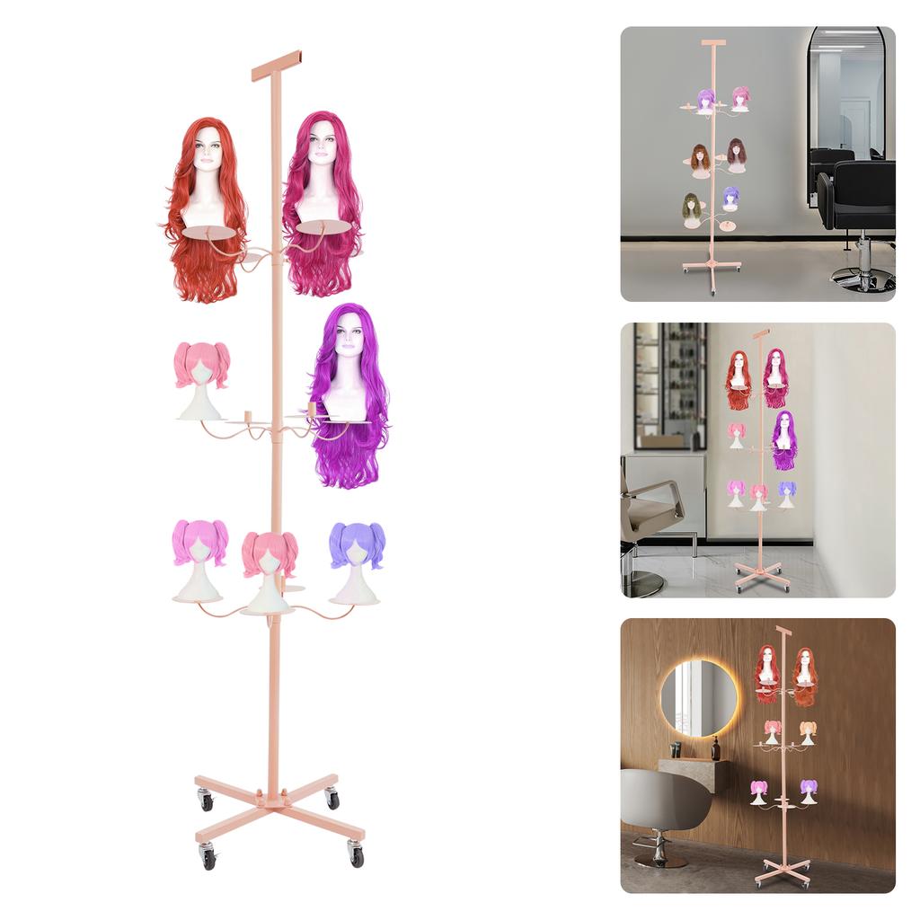 12-Head Iron Wig Holder,Pink/Black Cross Base/Round Base Freestanding Wig Display& Storage Rack 50*50*178cm for Hair Salons