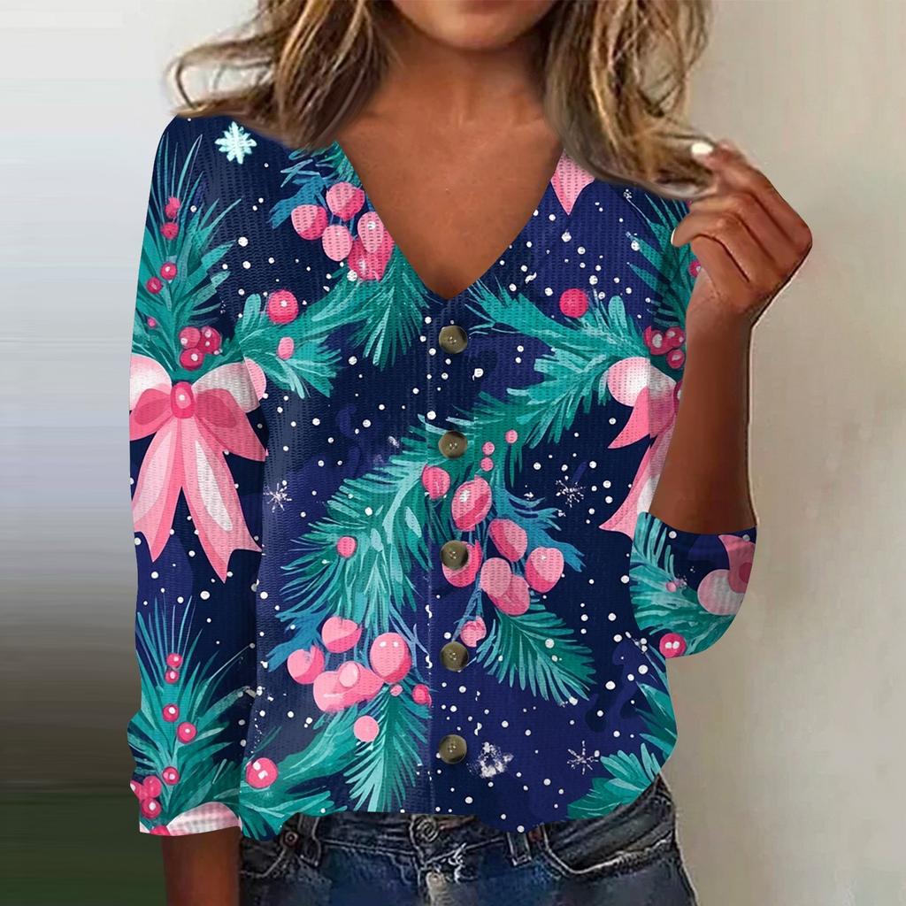 Women's Fashion Print Long Sleeve Knitted Cardigan Button Up Jacket