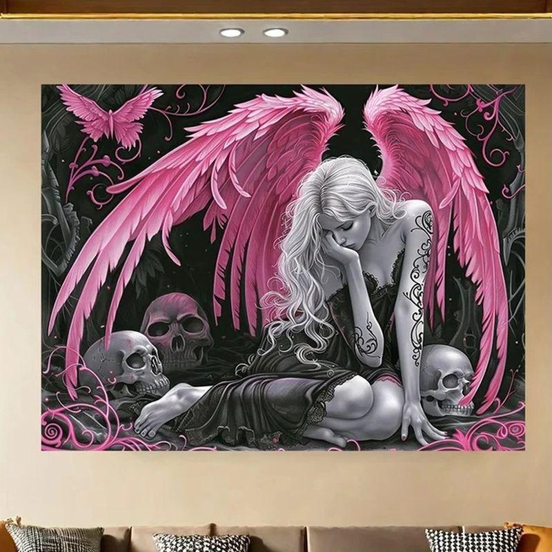 Gothic Pink Wings Fallen Angel Skull Tapestry, Dark Aesthetic Wall Hanging, Dorm Party Photo Background Decor
