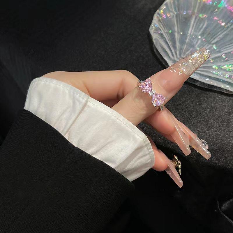 Y2K Rosa Kristall Schleife Zirkon Ringe für Damen Mode Süß Liebenswertes Mädchen Offen Verstellbarer Ring Kpop Party Schmuck Geschenk 2023