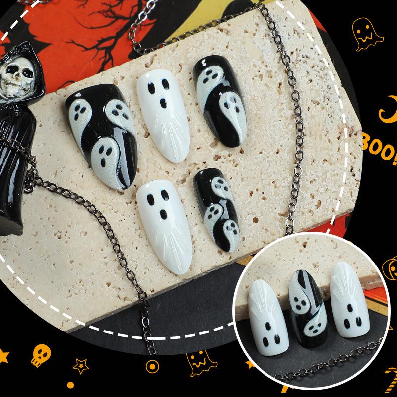 30 Piece Halloween Almond-Shaped Wearable Nails With 3D Black & White Ghost Nail Art Tips