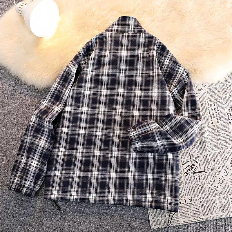 Men's Casual Double-Sided Plaid Patchwork Jacket - Stand Collar, Versatile Spring/Autumn Outerwear in American and Japanese Style