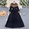 Temperament Robe Femme Maxi Dresses for Women Long Sleeve O-neck Sequin Slim Waist Vintage Pleated Dress 2025 Vestidos De Mujer