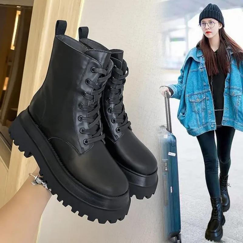 Fashion Black PU Leather Platform Gothic Thick-soled Short Ankle Shoes Winter Women Mujer Bota Camurca Cano Longo Botas De Mujer Goth