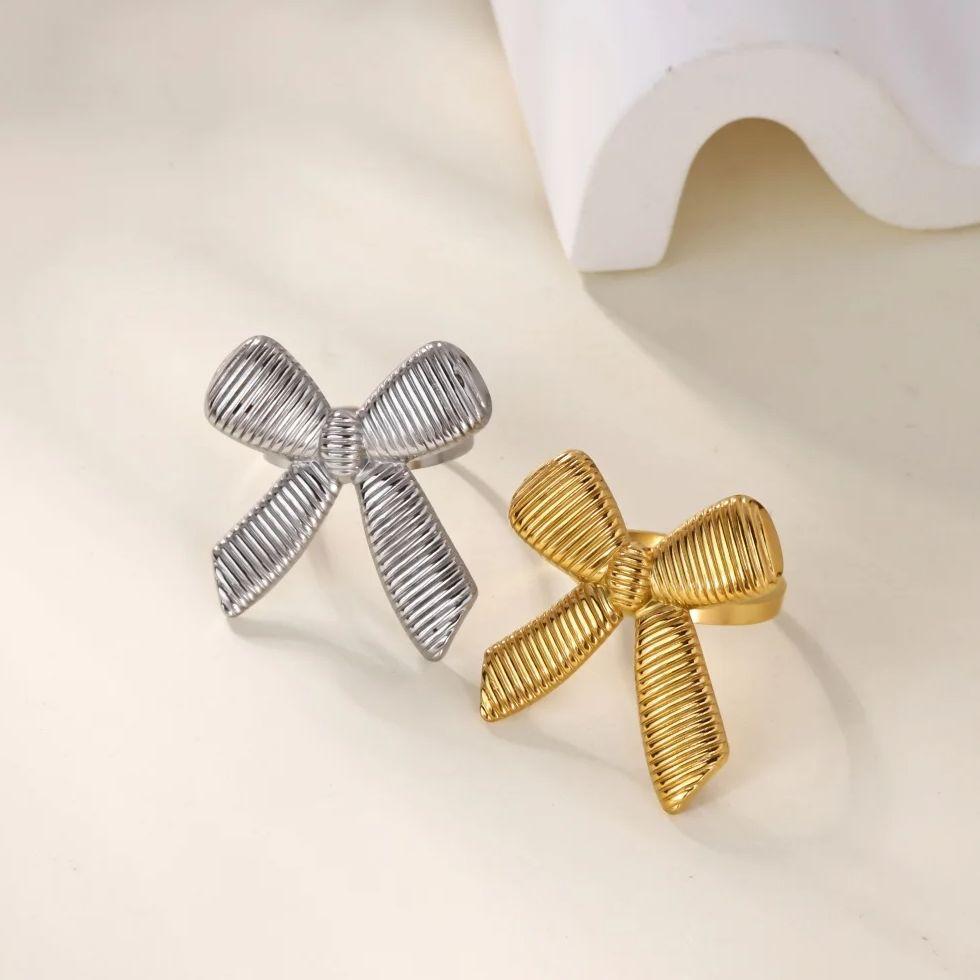 Ribbon Bow Stainless Steel Rings for Women Mama 18K Gold-plated Anti Fading Open Ring Wedding Jewelry Vacation Accessories Gifts