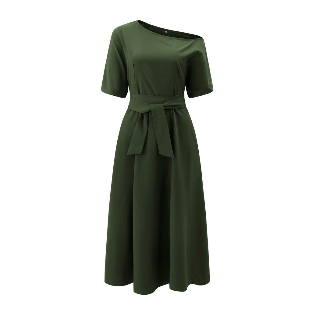 Elegant Women's Fashion Green Diagonal Neck Middle Sleeve Casual Dress Women's Casual Retro Long Dress
