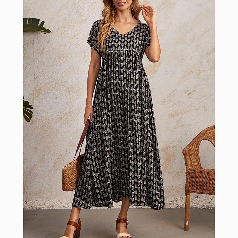 Letnia sukienka vintage z krótkim rękawem i dużym rozmiarem, damska, dekolt w serek, elegancka, swobodna, długa sukienka, damska, linia A, nadruk, luźne, oversize'owe sukienki damskie 24517