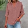 3/4 Sleeve Linen Tops For Women Loose Fit V Neck Button Down Shirts Cute Solid Summer Beach Tee Shirts