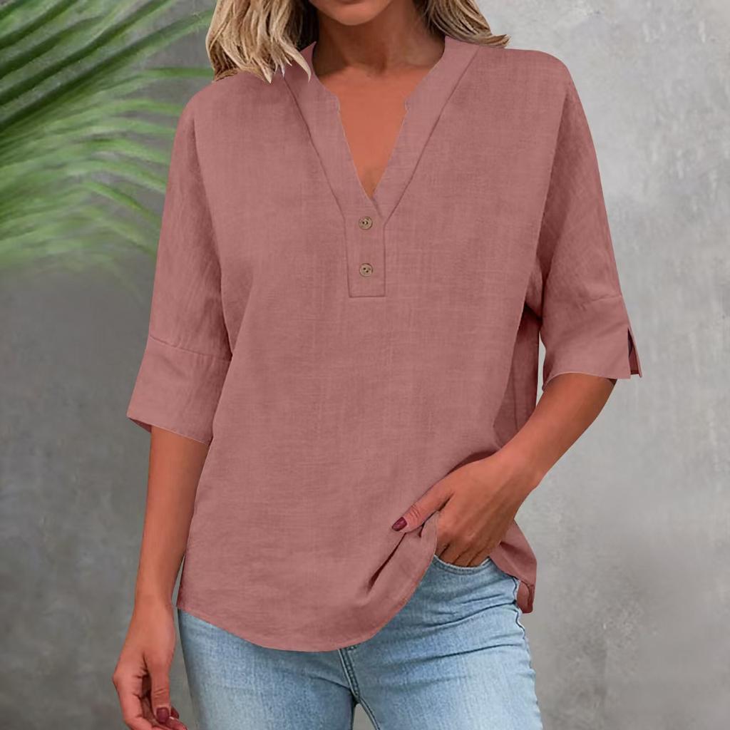 3/4 Sleeve Linen Tops For Women Loose Fit V Neck Button Down Shirts Cute Solid Summer Beach Tee Shirts