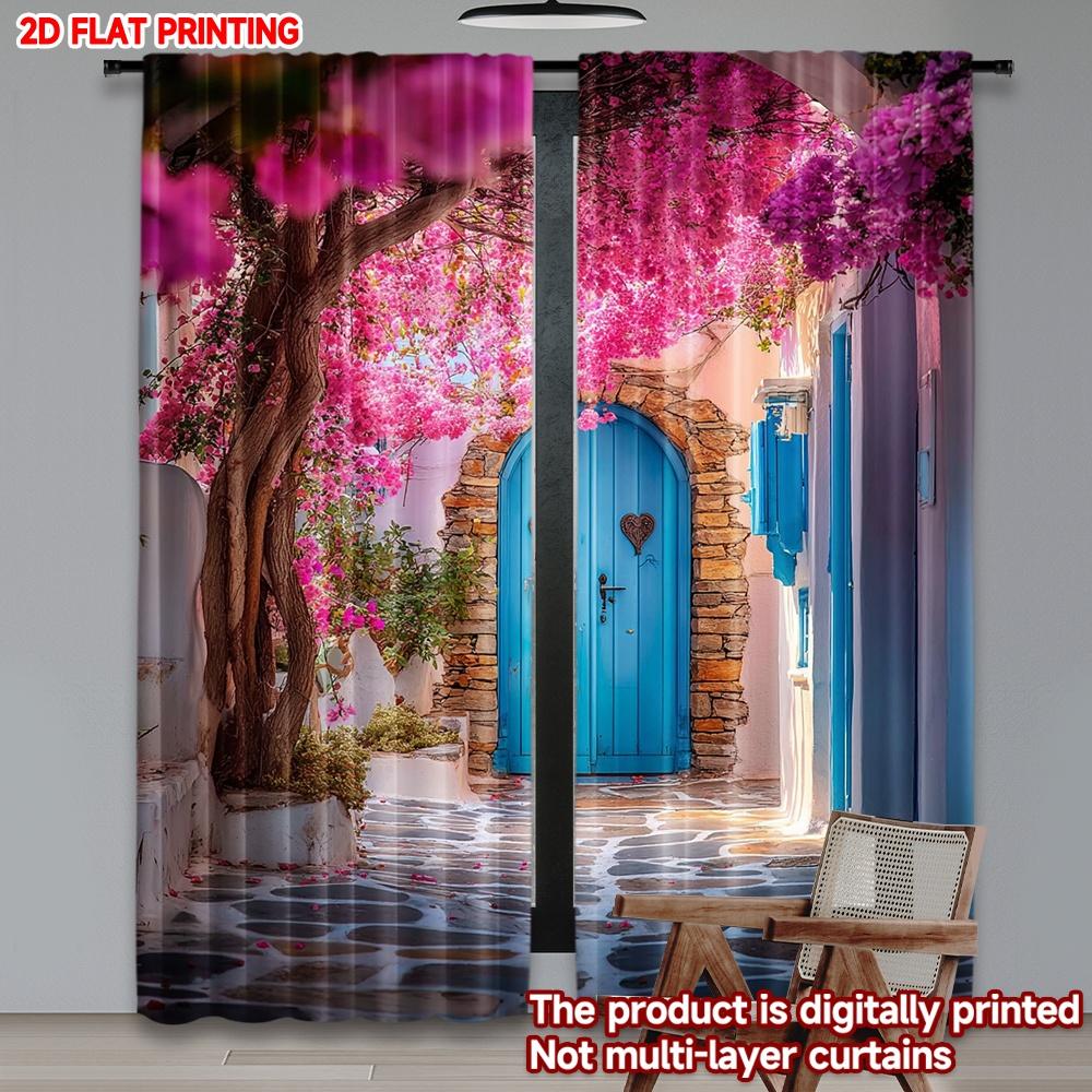 Set Of 2 Pink Blossom Alley Curtains Digital Printing Blue Doors Stone Path Flowering Tree Scene Bedroom Living Room Decor Made Polyester Great Window