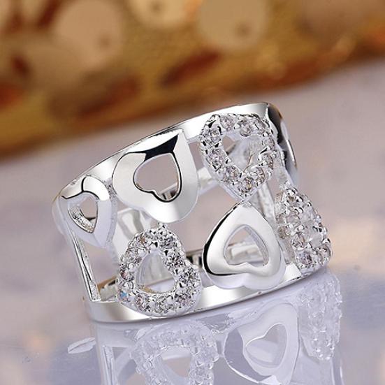Women Faux Silver Plated Rhinestone Wide Band Cluster Hollow Heart Ring