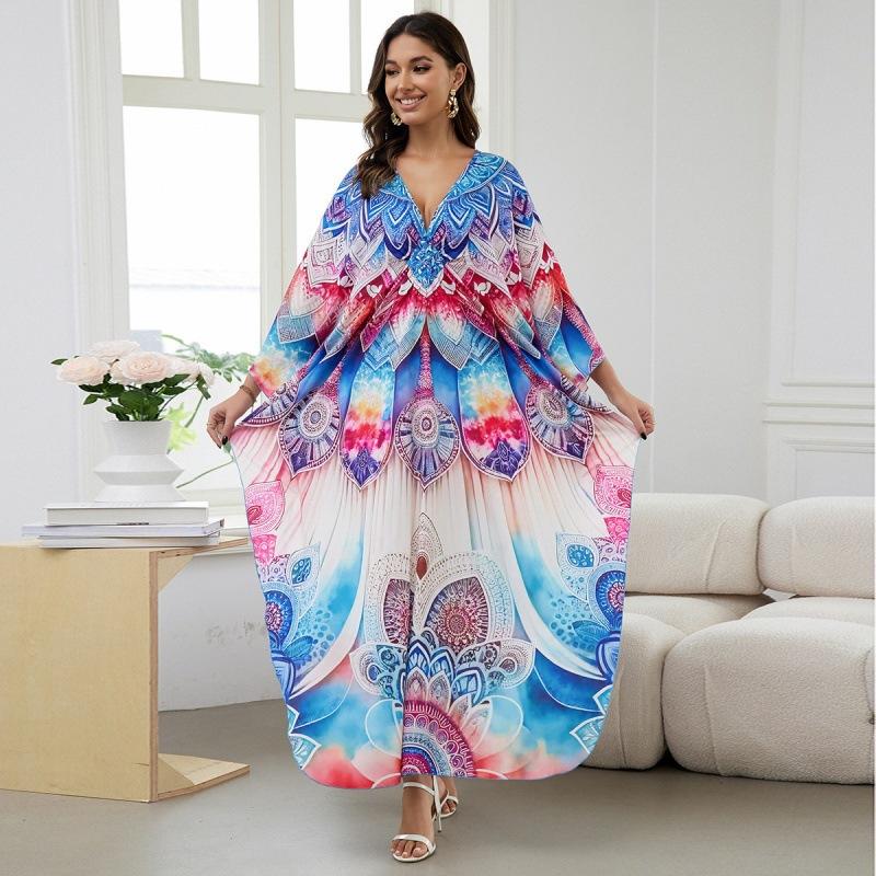 Vacation dress, long robe, loose positioned print beach cover-up, bikini dress