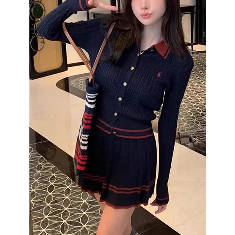 Preppy Two-Piece Knit Cardigan & Pleated Skirt Set with Polo Collar