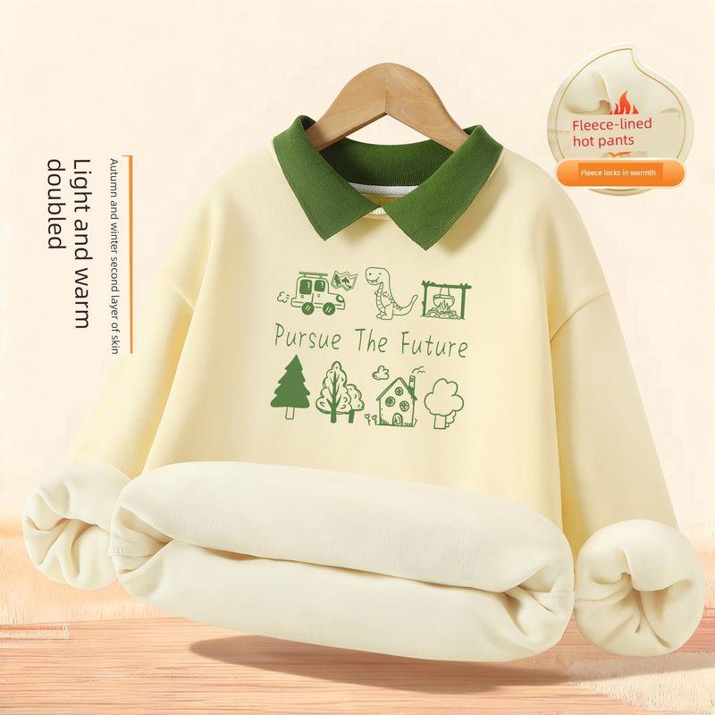 Girls' Sweatshirt Autumn and Winter Style A-Class Children's Autumn Clothing Fleece-Lined Thickened Warm Long-Sleeve T-Shirt Girls' Collared Top