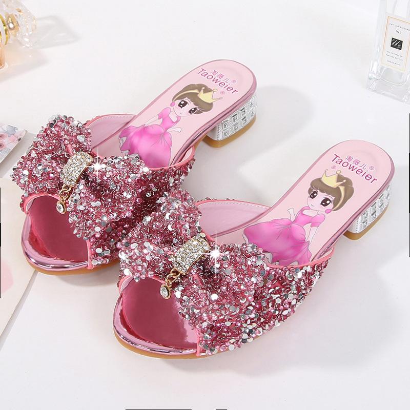 Girls' high-heeled cool slippers summer new children's princess crystal shoes medium and older children's beach shoes