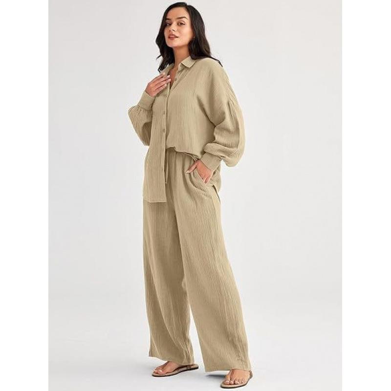 Women's Casual Long Sleeve Shirt and Wide Leg Pants Set In Multi Colors