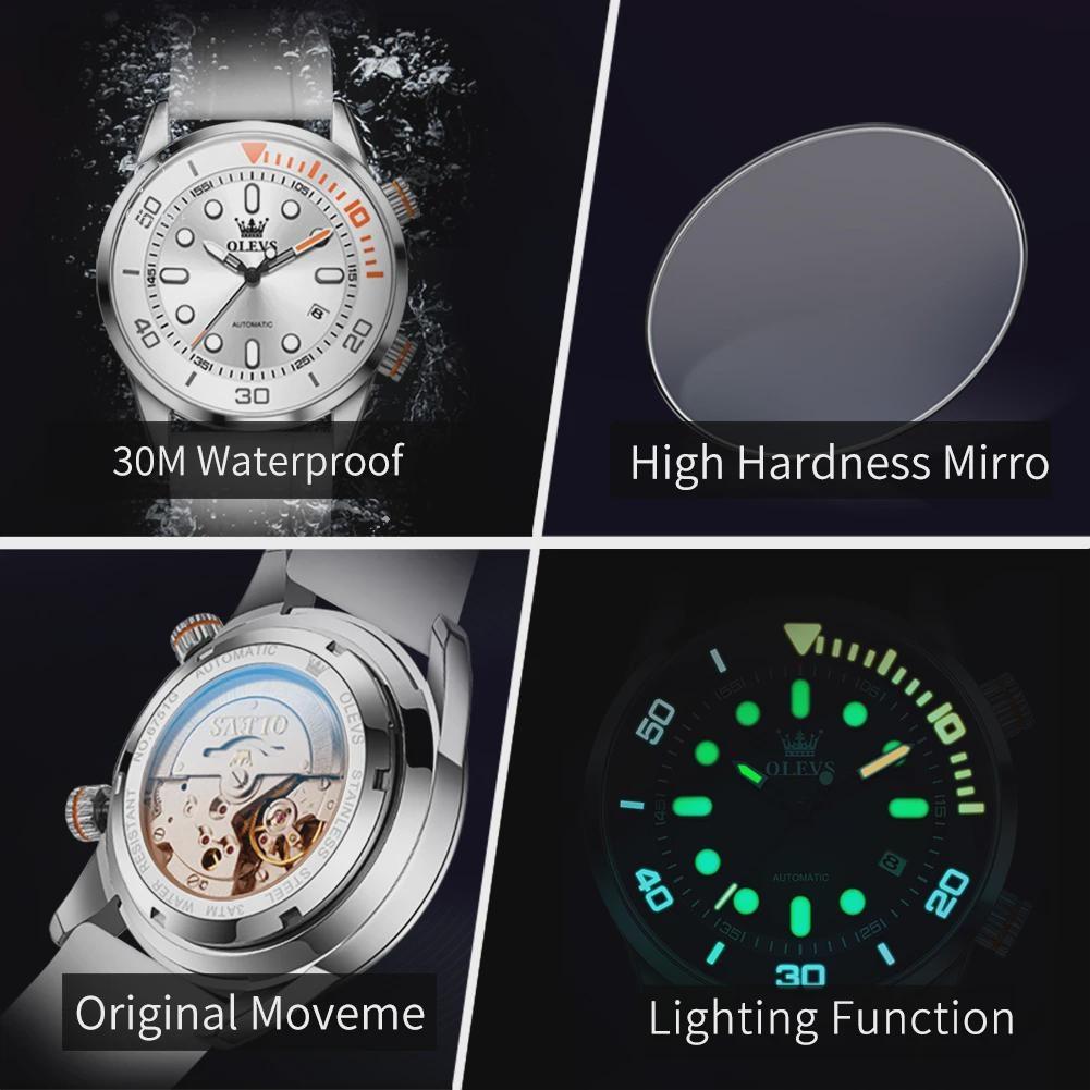 OLEVS Orologi Automatici da Uomo Lusso Top Brand Serie Subacquea Ghost Verde Cinturino in Silicone Orologio Meccanico Originale