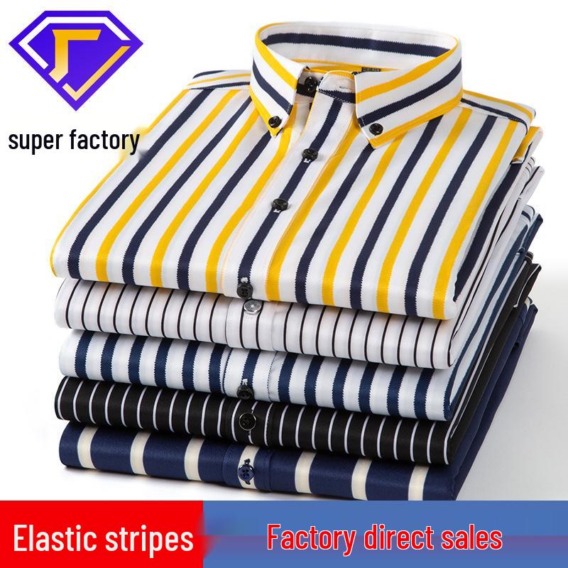 Men's Spring Easy-Care Striped Long Sleeve Stretch Slim Fit Shirt - Iron-Free Business Wear
