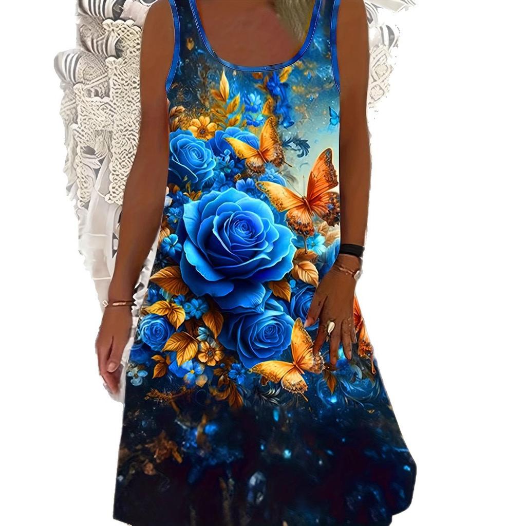 Robe Mini Sans Manches Imprimée Numériquement Créative pour Femmes Mode Col Rond Décontractée Confortable Respirante Polyvalente Robe de Plage Vacances