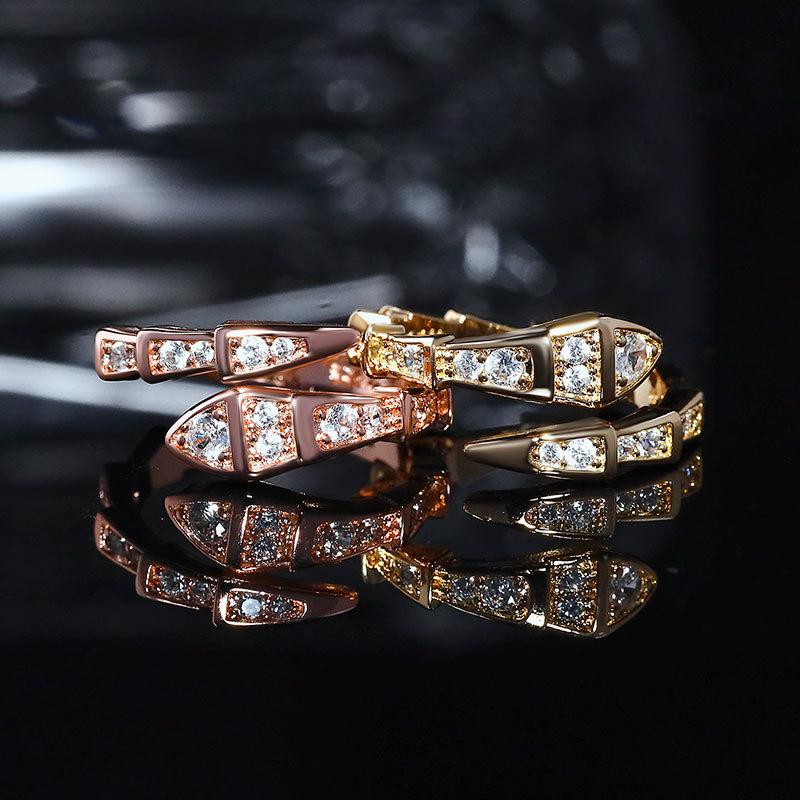 Korean Version Snake Bone Ring Half Circle with Diamond Opening Spring Full Diamond Snake Head Ring Jewelry