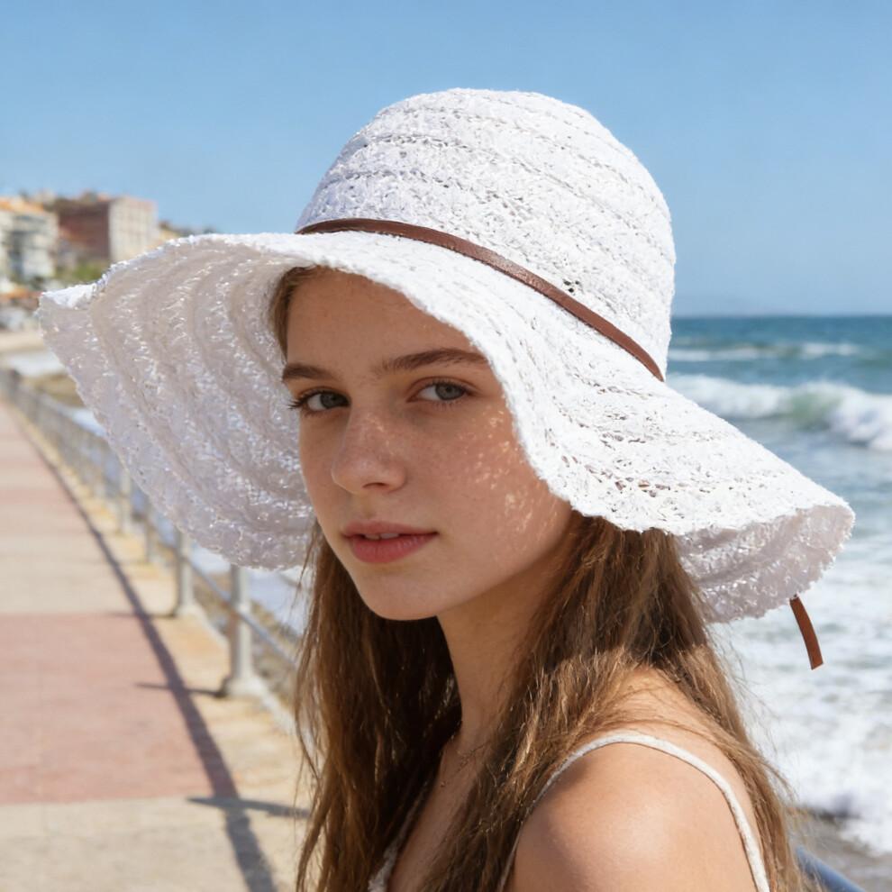 (Einheitsgröße, Weiß) Damen Sommerstrohhut Eleganter Floppy-Hut mit breiter Krempe Strandkappe Leichter Spitzen-Sonnenhut