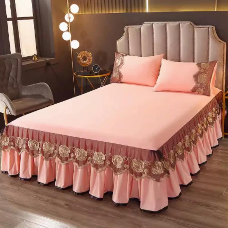 

Новый пыленепроницаемый кружевной подзор для кровати из трех предметов, комплект из бытовых нескользящих и красивых простыней, цельное покрывало в пасторальном стиле 150x200cm 3pcs