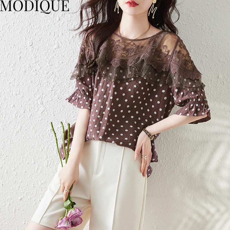 Magliette da donna UK tinta unita vestiti estivi da donna in pizzo camicie a maniche corte con scollo a V tunica top da donna UK casual allentato per uscire top da donna