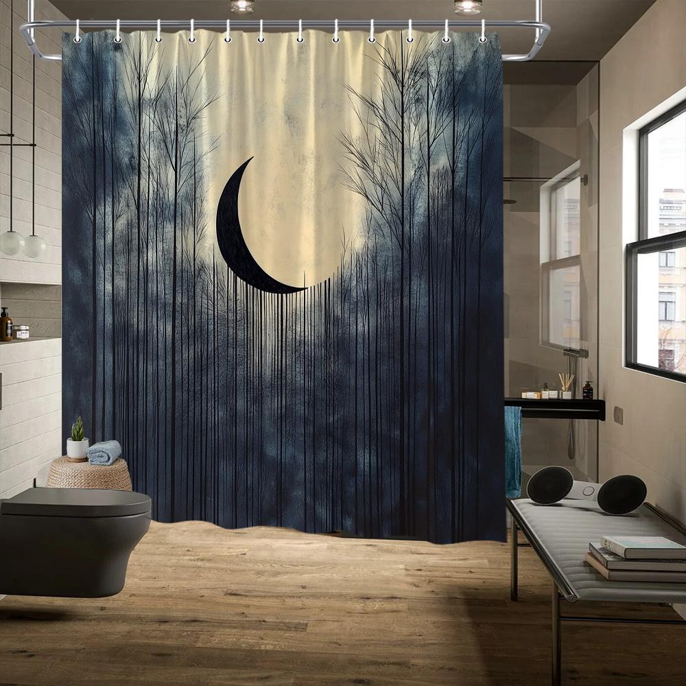Monochromatic Forest & Crescent Moon Shower Curtain - Haunting Bare Trees Design, Stylish Bathroom Decor