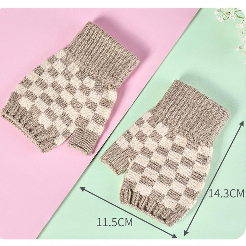 Warm Gloves Knitted Half-finger Plaid Cold-proof Gloves for Women Winter