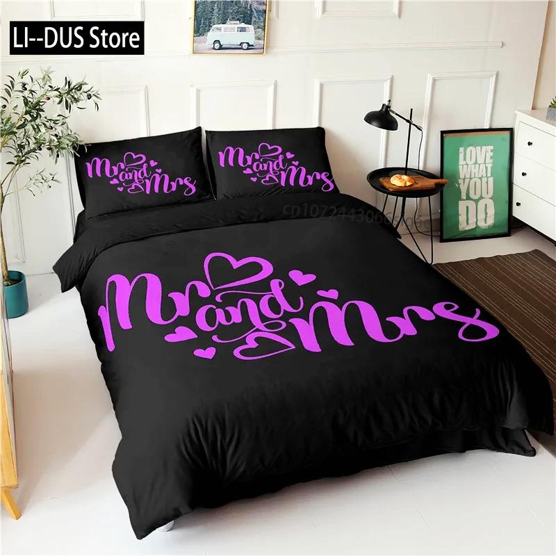 Black and White Duvet Cover Queen/King/Full Size Mr and Mrs Bedding Set 3Pieces Soft Microfiber Couple Romantic Comforter Cover