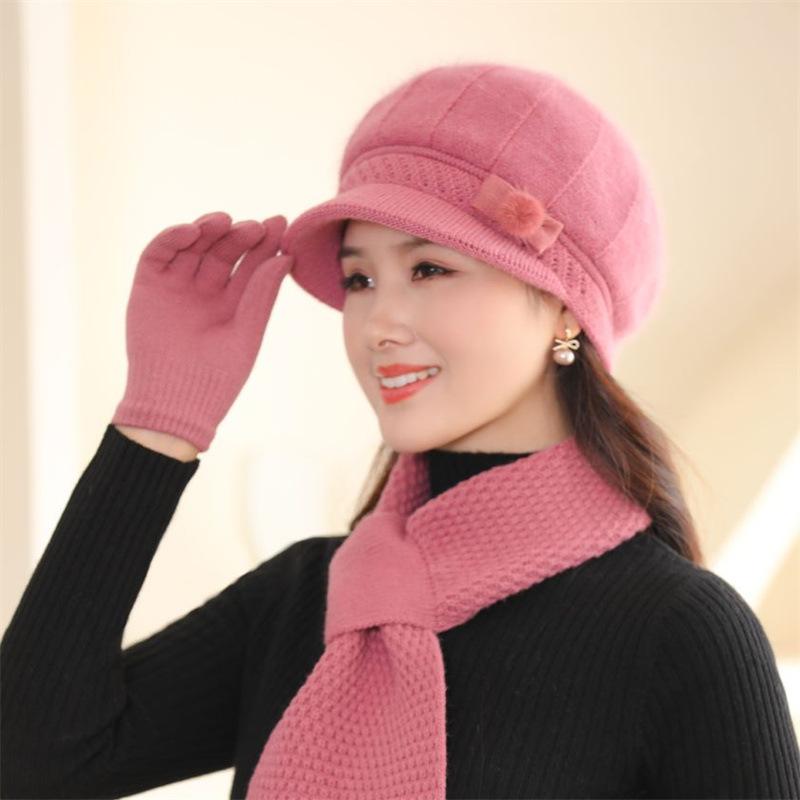 Women's winter velvet thickened cold and warm knitted wool hat middle-aged and elderly rabbit hair mother hat scarf gloves
