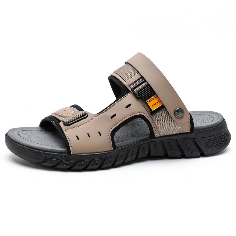 

Летние сандалии для мужчин, повседневные уличные тапочки, кожаный верх, нескользящая дышащая римская обувь, пляжные тапочки для мужчин 38 бежевый