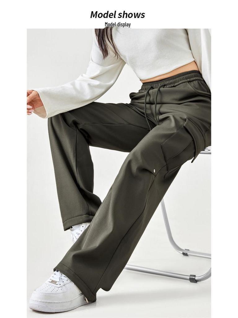 Damen Hochwertige Lässige Cargohose: Herbst/Winter-Stil, mit Plüschfutter, lockere Passform, gerades Bein, mehrere Taschen, Kordelzug, Polyester.